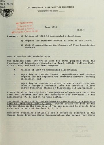 Cover for Release of 1989-90 unexpended allocations