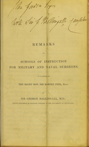 Cover for Remarks on schools of instruction for military and naval surgeons, in a letter to the Right Hon. Sir Robert Peel, bart