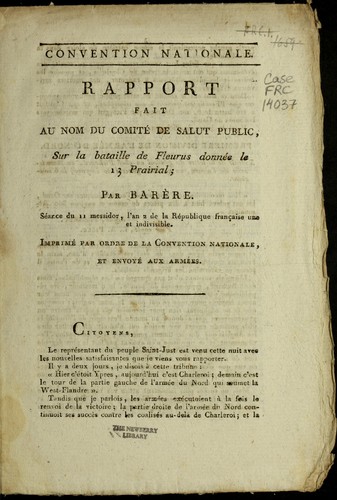 Cover for Rapport fait au nom du Comite  de salut public sur la bataille de Fleurus donne e le 13 prairial