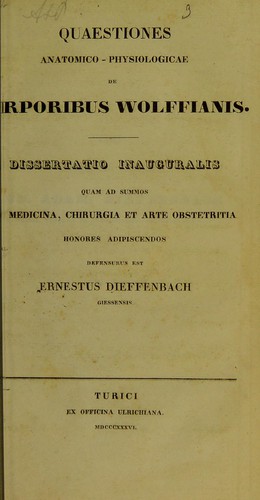Cover for Quaestiones anatomico-physiologicae de corporibus Wolffianis