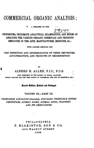 Cover for Commercial Organic Analysis: A Treatise on the Properties, Proximate ...