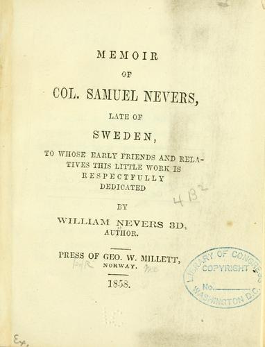 Cover for Memoir of Col. Samuel Nevers, late of Sweden ...