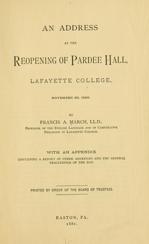 Cover for An address at the reopening of Pardee hall