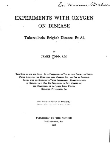 Cover for Experiments with Oxygen on Disease: Tuberculosis, Bright's Disease, Et Al