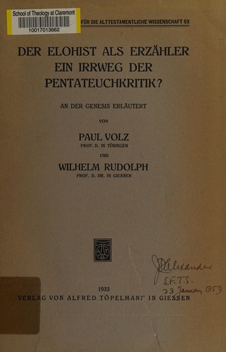 Cover for Der Elohist als erzähler ein irrweg der Pentateuchkritik?