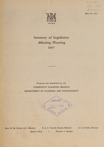 Cover for SUMMARY OF LEGISLATION AFFECTING PLANNING 1957 - ONTARIO