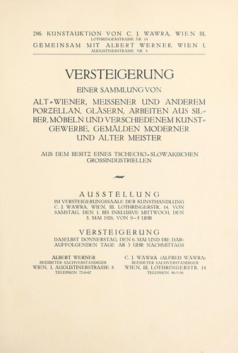 Cover for Sammlung von alt-Wiener, Meissener und anderem Porzellan, Gl©Þsern, Arbeiten aus Silber, M©œbeln und verschiedenem Kunstgewerbe, Gem©Þlden moderner und alter Meister