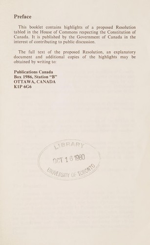 Cover for CANADIAN CONSTITUTION - HIGHLIGHTS OF A PROPOSED RESOLUTION RESPECTING THE CONSTITUTION OF CANADA