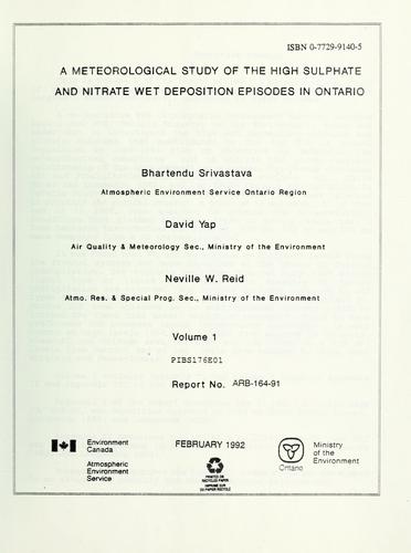 Cover for meteorological study of the high sulphate and nitrate wet deposition episodes in Ontario