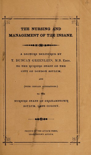 Cover for The nursing and management of the insane