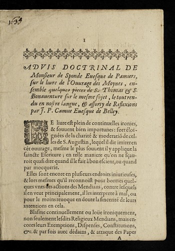 Cover for Advis docrtinal de Monsieur de Sponde Euesque de Pamiers, sur le liure De l'ouvrage des moynes