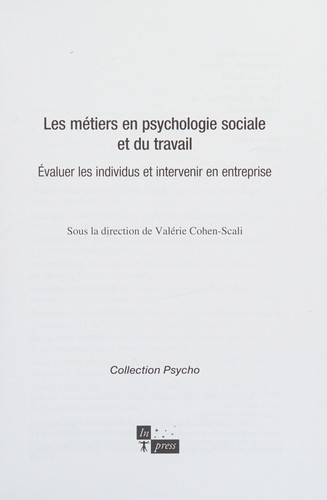 Cover for Les métiers en psychologie sociale et du travail
