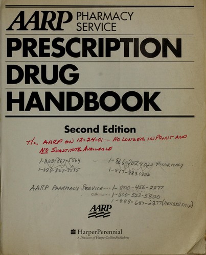 Cover for AARP pharmacy service prescription drug handbook.