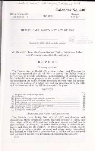 Cover for Health Care Safety Net Act of 2007