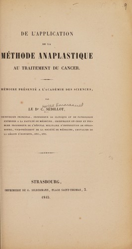 Cover for De l'application de la méthode anaplastique ou traitement du cancer