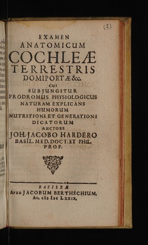 Cover for Examen anatomicum cochleae terrestris, domiportae, etc. cui subjungitur prodromus physiologicus naturam explicans humorum nutritioni et generationi dicatorum