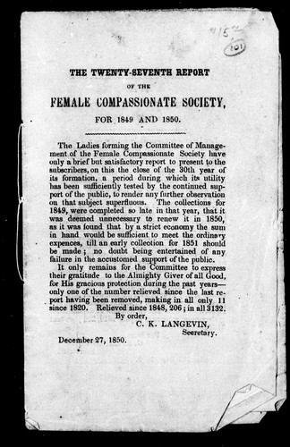 Cover for The twenty-seventh report of the Female Compassionate Society for 1849 and 1850