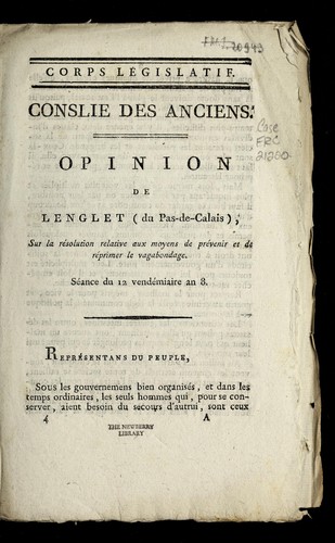 Cover for Opinion de Lenglet (du Pas-de-Calais), sur la re solution relative aux moyens de pre venir le vagabondage