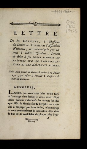Cover for Lettre de M. Ce rutti, a   messieurs du Comite  des finances de l'Assemble e nationale, & communique e par extrait a   ladite Assemble e