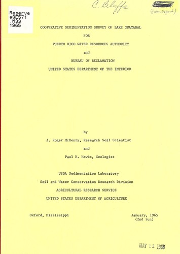 Cover for Cooperative sedimentation survey of Lake Guayabal for Puerto Rico Water Resources Authority and Bureau of Reclamation, United States Department of the Interior
