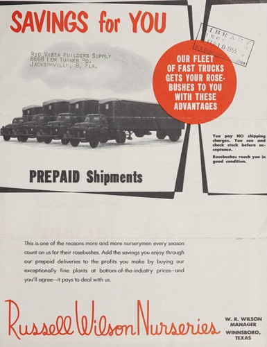Cover for Savings for your, prepaid shipments, our fleet of fast trucks gets your rose-bushes to you with these advantages