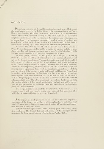 Cover for Petrarch: catalogue of the Petrarch collection in Cornell University Library.