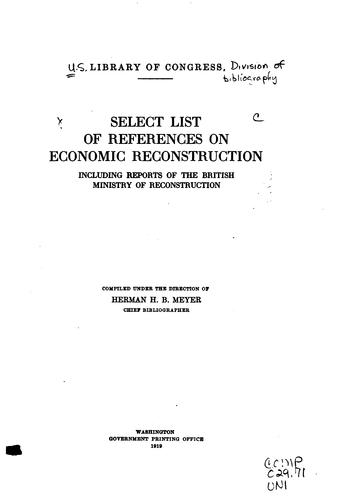 Cover for Select list of references on economic reconstruction
