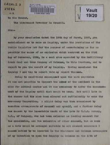 Cover for Report of the Inquiry Into an Explosion Which Occurred on the 23rd Day of November, 1926, in a Coal Mine Operated by the Mcgillivray Creek Coal And Coke Company At Coleman Alberta