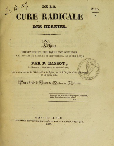 Cover for De la cure radicale des hernies