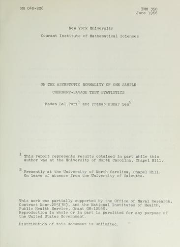Cover for On the asymptotic normality of one sample Chernoff-Savage test statistics