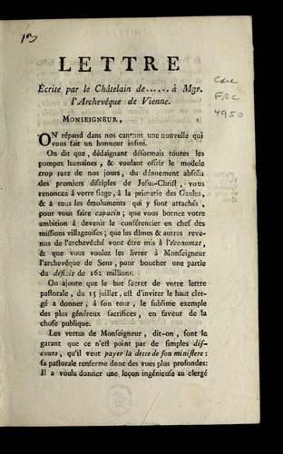 Cover for Lettre e crite par le cha telain de ......