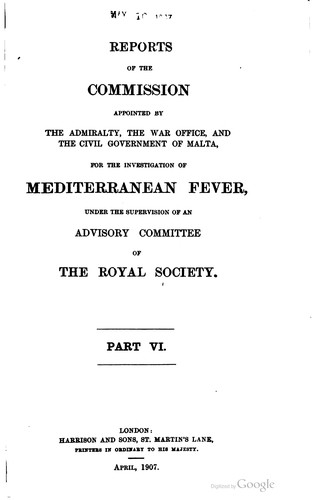Cover for Reports of the Commission appointed by the Admiralty, the War Office, and the civil government of Malta, for the Investigation of Mediterranean Fever