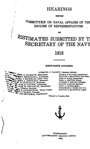Cover for Hearings before Committee on Naval Affairs of the House of Representatives, on estimates submitted by the Secretary of the Navy, 1918.