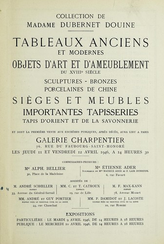Cover for Tableaux anciens et modernes; objets d'art et d'ameublement du XVIIIe siècle; sculptures, bronzes, porcelaines de Chine; Sièges et meubles; importantes tapisseries; tapis d'Orient et de la Savonnerie