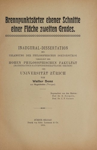 Cover for Brennpunktsörter ebener schnitte einer fläche zweiten grades ...
