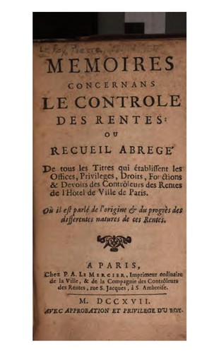 Cover for Memoires concernans le contrôle des rentes