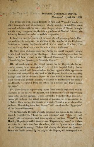 Cover for Instructions relative to the preparation of reports of sick and wounded