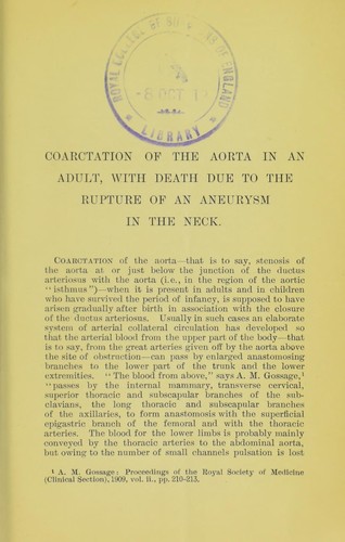 Cover for Coarctation of the aorta in an adult, with death due to the rupture of an aneurysm in the neck