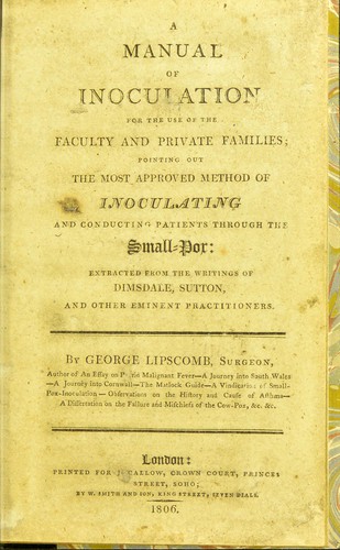 Cover for A manual of inoculation for the use of the Faculty and private families; pointing out the most approved method of inoculating and conducting patients through the small-pox; extracted from the writings of Dimsdale, Sutton and other eminent practitioners