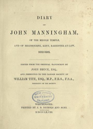 Cover for Diary of John Manningham, of the Middle Temple, and of Bradbourne, Kent, barrister-at-law, 1602-1603