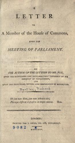 Cover for A letter to a member of the House of commons upon the meeting of Parliament