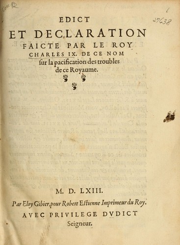 Cover for Edict et declaration faicte par le Roy Charles IX de ce nom