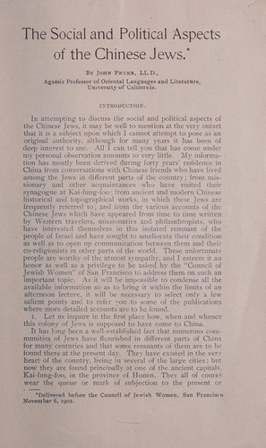 Cover for The social and political aspects of the Chinese Jews