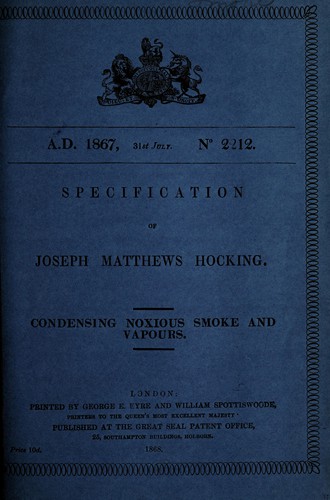 Cover for Specification of Joseph Matthews Hocking