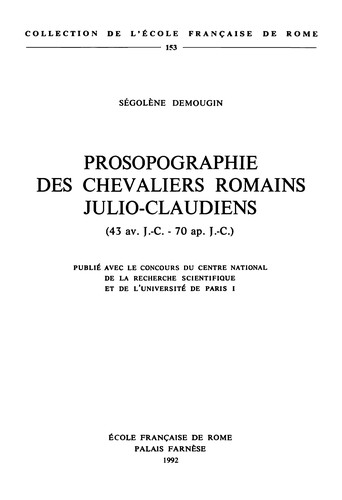 Cover for Prosopographie des chevaliers romains julio-claudiens