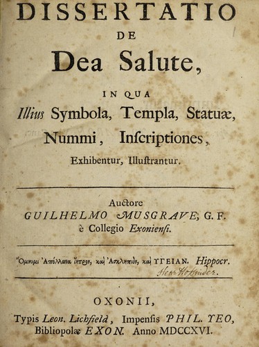 Cover for Dissertatio de dea salute, in qua illius symbola, templa, statuae, nummi, inscriptiones, exhibentur, illustrantur