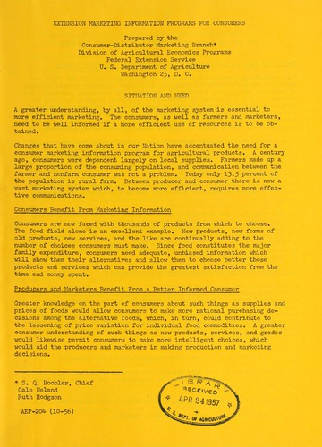 Cover for Extension marketing information programs for consumers
