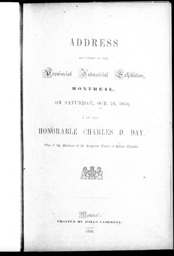 Cover for Address delivered at the Provincial Industrial Exhibition, Montreal