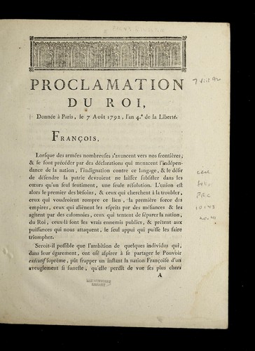 Cover for Proclamation du roi, donne e a   Paris, le 7 aou t 1792, l'an 4e. de la liberte .