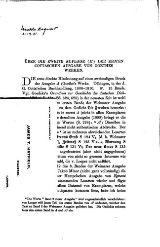 Cover for Über die zweite auflage (A¹) der ersten Cottaschen ausgabe von Goethes werken.